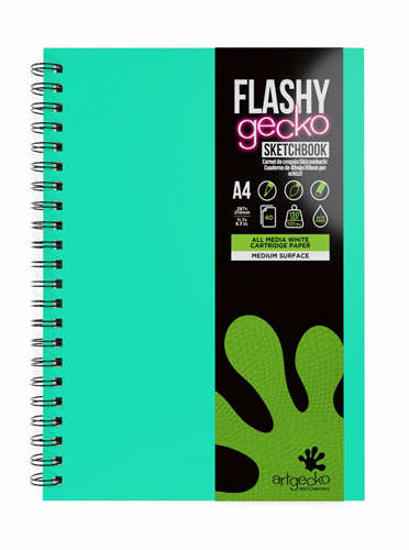 Artgecko Artgecko Flashy Spiraal Schetsboek A4 Portret 150gr 40 vel Wit Mintgroene Omslag